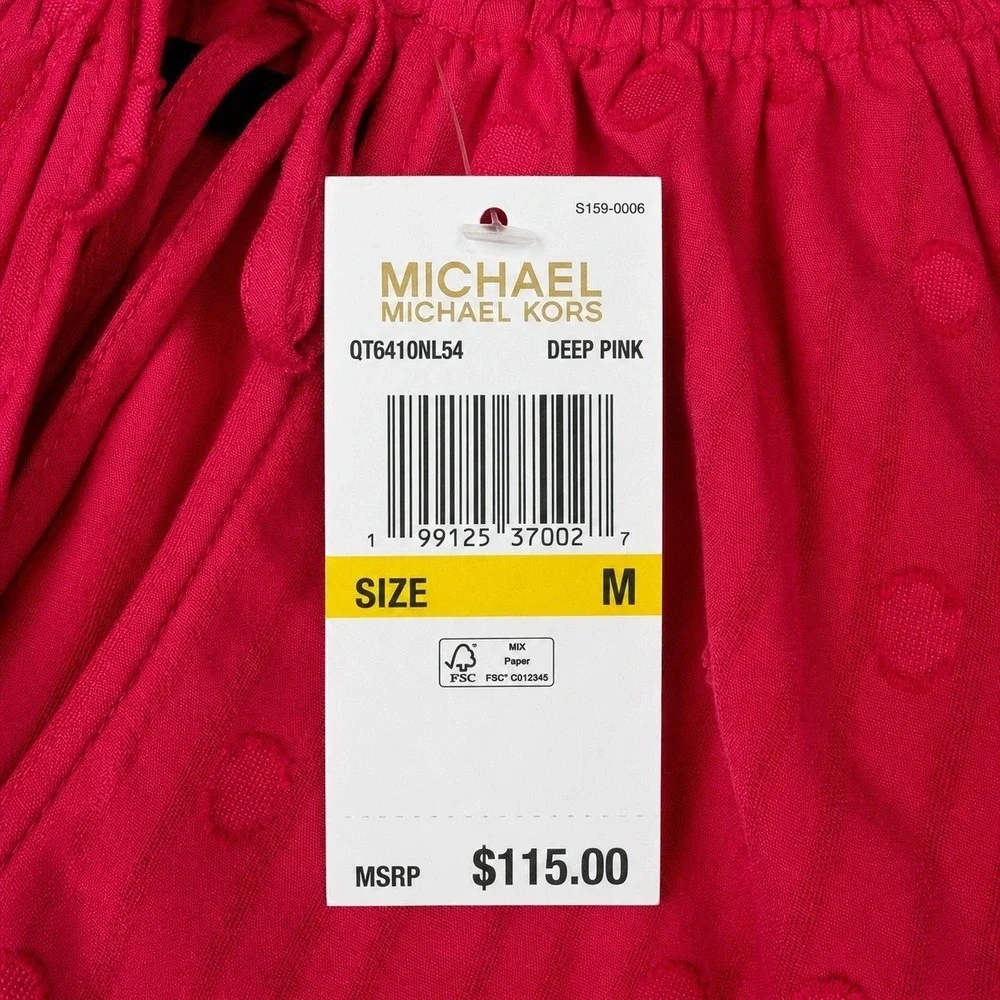 Michael Kors Deep Pink Clip Dot Blouse Long Sleeve Smocked Hem QT6410NL Womens M